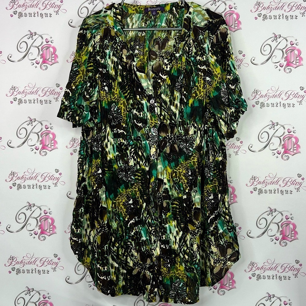 Roaman's button down shirt mini dress Green and Brown Patterned Blouse